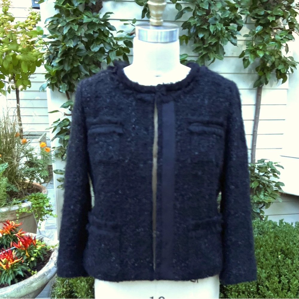 “Milly” Black Wool-blend Boucle’ Jacket with Metallic Woven Grid, Silk Lining